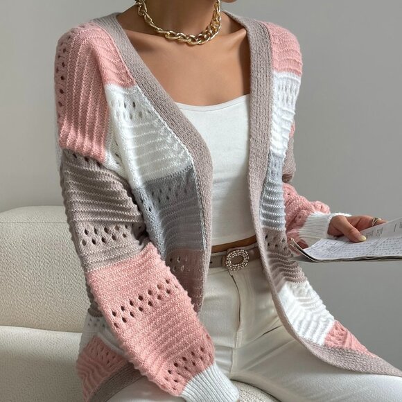 Multicolor Casual Womens Color Block Drop Shoulder Open Front Cardigan - Picture 3 of 5